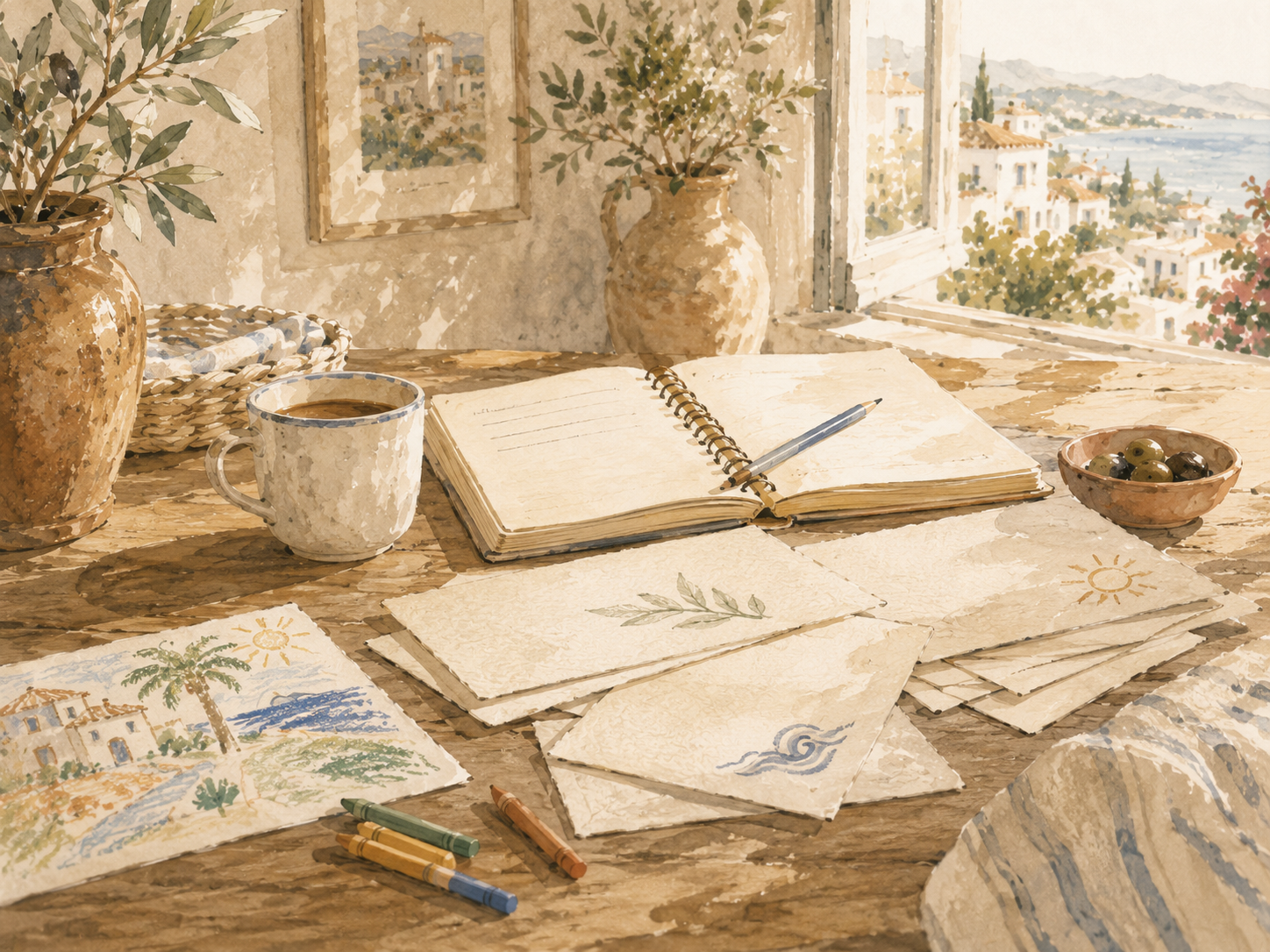 A sunlit table with a notebook, question cards, coffee, crayons and a sea view, representing family questions being turned into helpful answers.