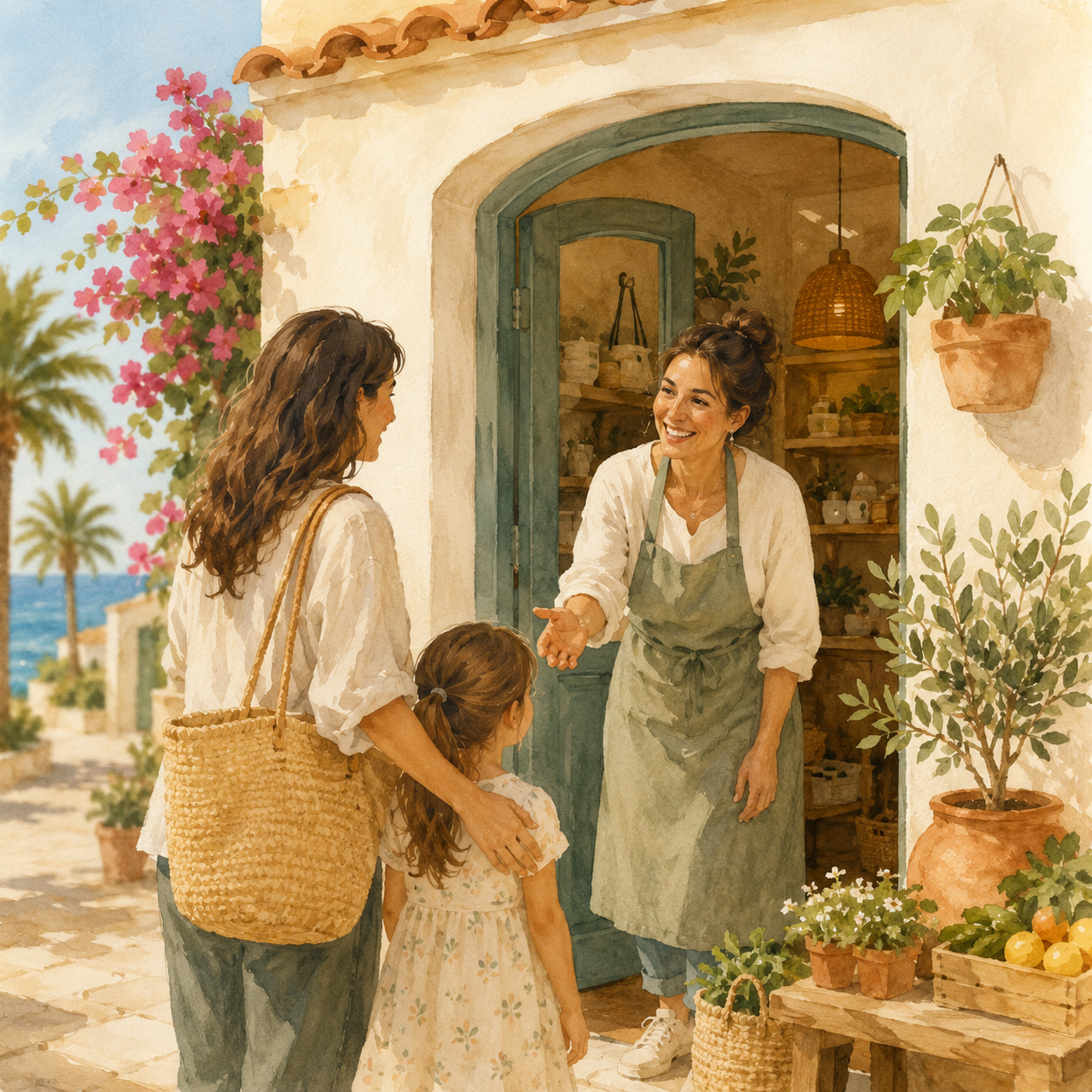 A local business owner greeting a family outside a warm Mediterranean shop.