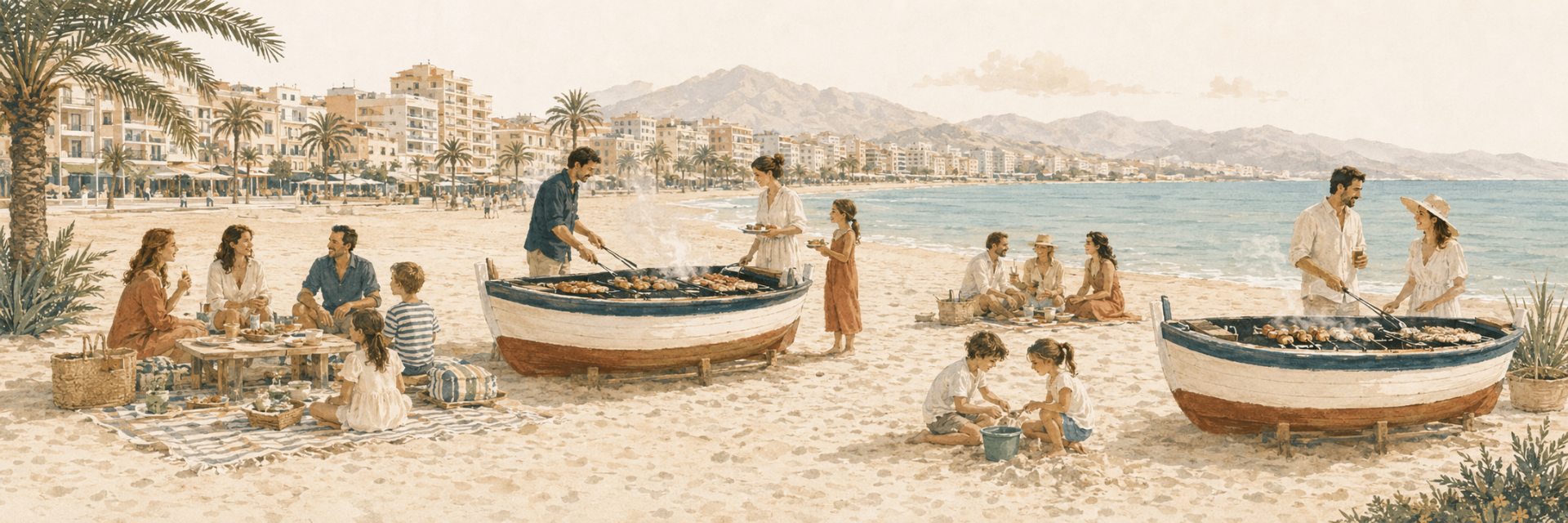 Expat families enjoying a beach barbecue on the Costa del Sol
